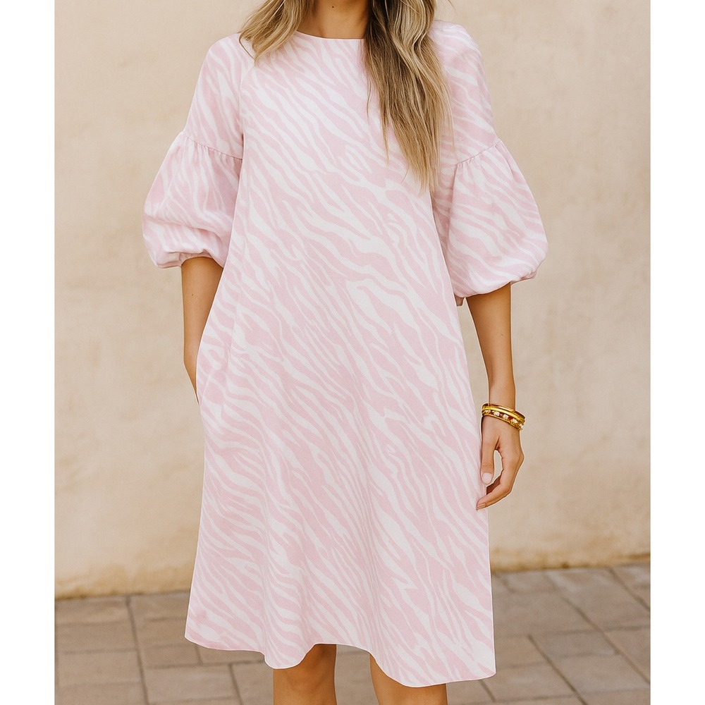 Chicos sz 3 XL Women Pink Animal Print Puff Sleeve Midi Dress Feminine Bold Chic
